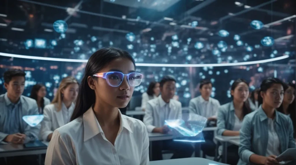 Grupo de alunos usando tecnologia em sala de aula inovadora