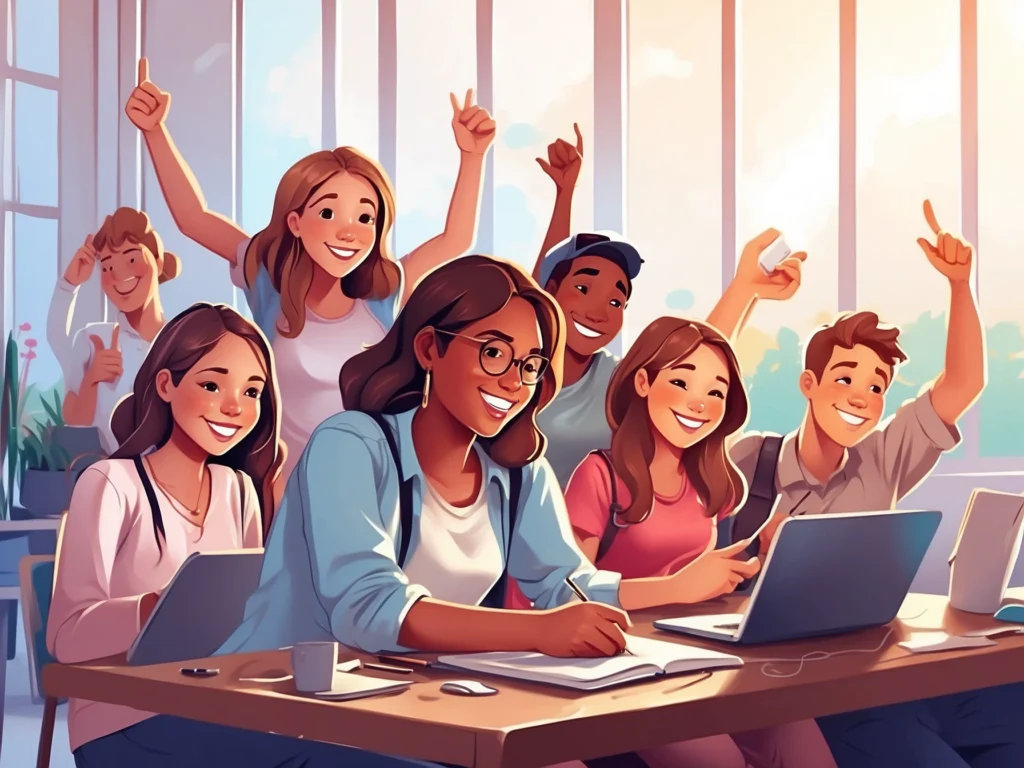 Ilustração representando alunos felizes aprendendo online