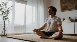 Pessoa meditando em casa, simbolizando o equilíbrio mental no teletrabalho