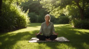 Uma pessoa serena sentada em um jardim verdejante, meditando com um sorriso suave no rosto, simbolizando o poder de uma mentalidade positiva