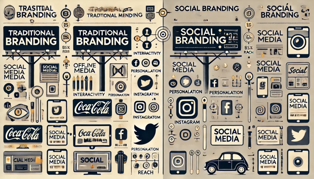 Comparação visual entre branding tradicional e branding social, destacando interatividade e alcance