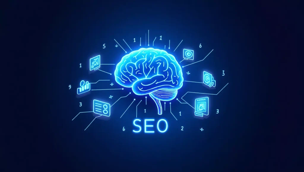 Melhoria de SEO com IA! Ilustração vibrante de um cérebro digital conectado a ícones de SEO, simbolizando a fusão de IA e otimização de busca.
