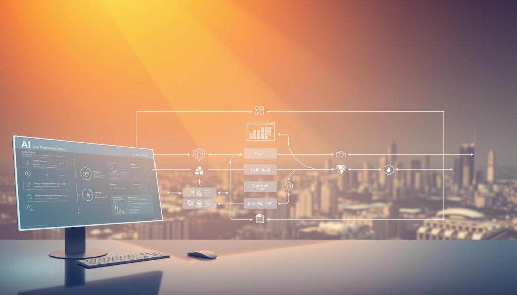 A dynamic, visually-striking workflow illustration showcasing the power of artificial intelligence. In the foreground, a sleek, minimalist user interface with intuitive controls and data visualizations. In the middle ground, a series of interconnected steps and processes, represented by geometric shapes and arrows, capturing the fluid, automated nature of AI-driven workflows. The background features a subtle, futuristic cityscape, hinting at the wider applications and impact of this advanced technology. The overall aesthetic is clean, modern, and infused with a sense of technological sophistication. Warm, directional lighting from the top left casts dramatic shadows, adding depth and drama to the composition. The camera angle is slightly elevated, providing an expansive, bird's-eye view of the complete workflow system.