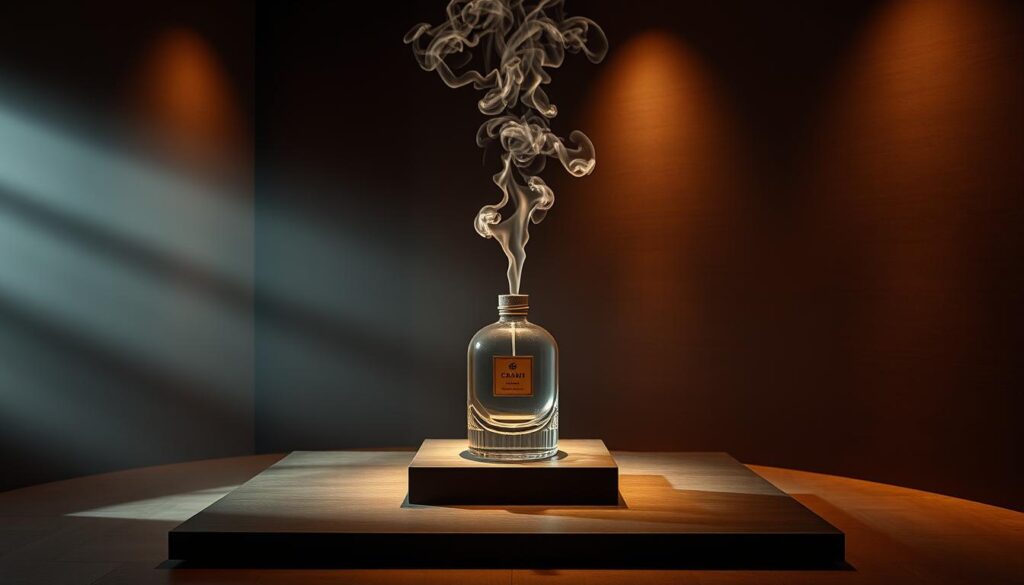 A serene and immersive sensory experience, showcasing the powerful impact of scent on brand identity. A dimly lit, atmospheric setting with a central display featuring an elegant glass vessel containing a captivating fragrance. Wisps of fragrant vapor gently drift upwards, inviting the viewer to engage their sense of smell. Soft, warm lighting highlights the intricate details of the display, creating a sense of tactility and luxury. The background features muted, textured surfaces that complement the minimalist design, allowing the fragrance to take center stage. An aura of mystery and allure permeates the scene, demonstrating the emotive and memorable qualities of sensory branding.