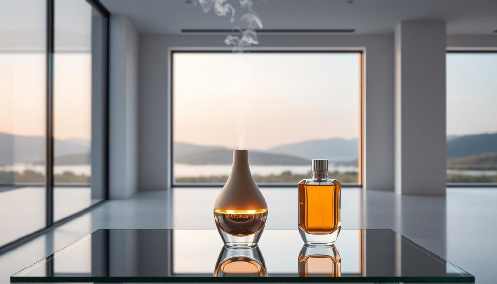 A sleek, modern interior with minimalist design. In the foreground, a well-crafted, artisanal perfume bottle stands elegantly on a glass display table, catching the soft, directional lighting. The middle ground features a stylish, chrome-accented diffuser, its LED lights subtly pulsing, emitting a captivating aroma. In the background, a large, minimalist window offers a glimpse of a tranquil, natural landscape, further emphasizing the harmony between the product and its environment. The overall scene conveys a sense of refinement, sophistication, and the power of scent to elevate the senses and create a memorable brand experience.