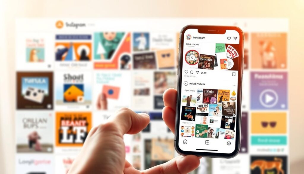 A vibrant Instagram feed showcasing a diverse array of digital products. The foreground features a well-curated selection of eBooks, online courses, digital art, and multimedia files, artfully displayed on a sleek, minimalist interface. The middle ground depicts a smartphone in hand, its screen reflecting the engaging content, symbolizing the ease of selling and accessing these digital goods through the Instagram platform. The background is a soft, blurred gradient, drawing the viewer's attention to the centralized digital offerings. Warm, natural lighting casts a gentle glow, creating an inviting and aspirational atmosphere for potential customers. The overall composition conveys the power of Instagram as an effective channel for selling a wide range of digital products.