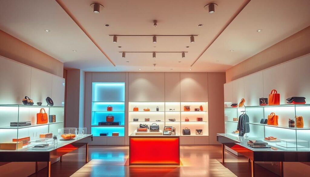 A vibrant e-commerce showcase in a modern, minimalist setting. A sleek, well-lit product display area with elegant shelving and carefully curated merchandise. Soft, diffused lighting from overhead creates a warm, inviting ambiance. The products are showcased in a visually striking manner, drawing the viewer's attention to their design, quality, and allure. The overall atmosphere evokes a sense of high-end retail, highlighting the professionalism and attention to detail that characterize a successful online store.
