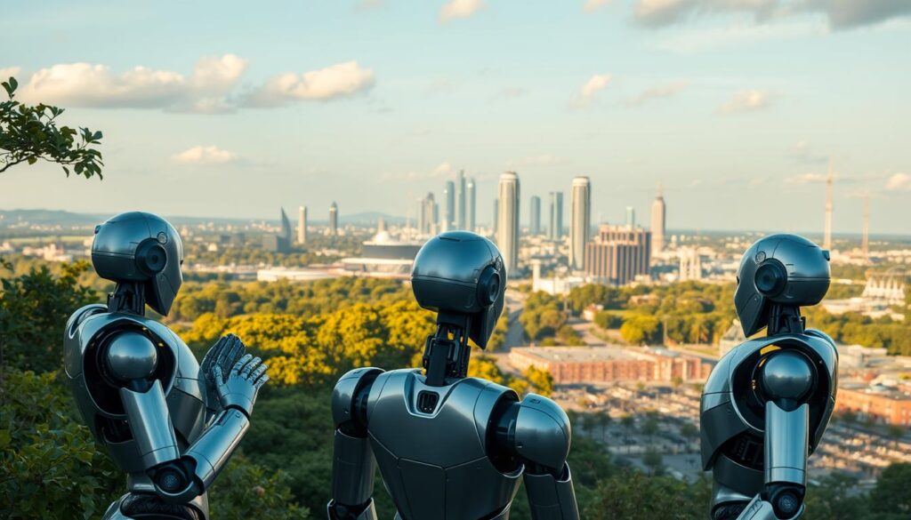 Panoramic vista of the AI landscape, showcasing the interconnected web of intelligent systems, algorithms, and data. In the foreground, sleek humanoid robots engaged in thoughtful discussions, their metallic forms contrasted against a lush, verdant backdrop. The midground features a complex matrix of neural networks, pulsing with the energy of deep learning algorithms. In the distance, towering data centers and research facilities loom, their glass facades reflecting the boundless potential of artificial intelligence. Warm, diffused lighting casts a contemplative glow, evoking a sense of wonder and possibility. Crisp, high-resolution details capture the intricate nuances of this AI-driven future, inviting the viewer to immerse themselves in the captivating world of intelligent technology.