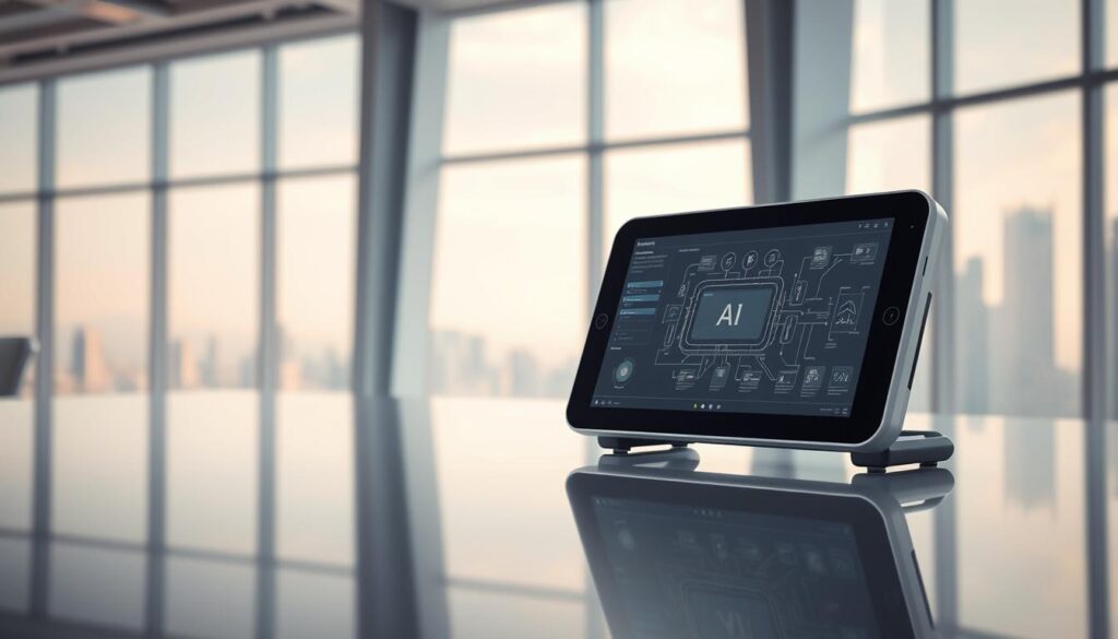 a highly detailed and photorealistic image of a sleek, modern artificial intelligence tool or framework, with a clean and minimalist design. The device is situated on a glossy, reflective surface, casting a subtle shadow. The foreground showcases the tool's intuitive user interface, with a large, high-resolution display and various tactile control elements. The middle ground features a simplified, abstract representation of the underlying AI algorithms and data processing pipelines, conveying the tool's sophisticated technological capabilities. The background depicts a serene, futuristic workspace with large windows overlooking a cityscape, evoking a sense of innovation and progress. The lighting is soft and diffused, creating a warm, inviting atmosphere. The overall composition and details suggest a powerful, yet user-friendly AI assistant designed to enhance productivity and decision-making.