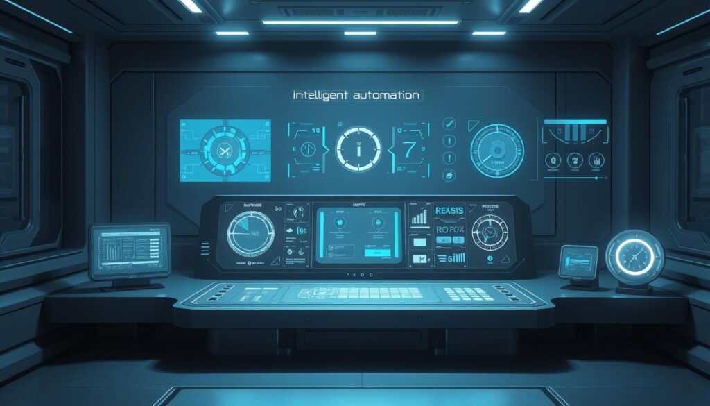 a highly detailed, hyper-realistic digital illustration of "intelligent automation", depicting a futuristic, sleek, and modern control panel or dashboard with various holographic interfaces, digital readouts, and intuitive touch controls. The scene has a subdued, cool-toned color palette with subtle blue and gray hues, creating a sophisticated and technologically-advanced atmosphere. The composition places the control panel as the central focus, with a clean and minimalist background that emphasizes the advanced functionality and seamless integration of the automated system. The lighting is soft and directional, casting dramatic shadows and highlights to enhance the three-dimensional depth and tangibility of the scene. The overall mood is one of efficiency, precision, and the smooth integration of human-machine interaction.