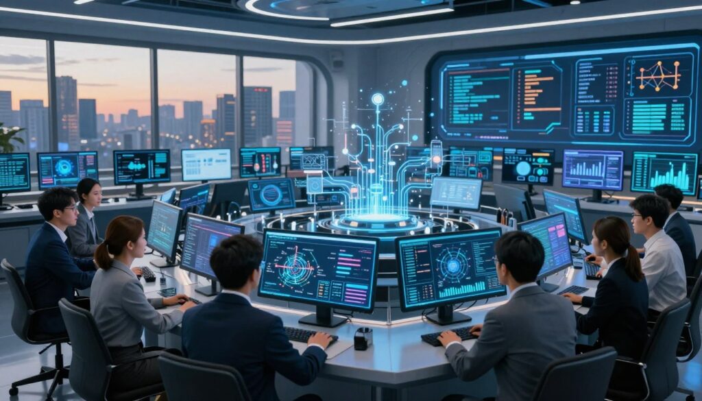 A futuristic control room filled with advanced computer screens and holographic interfaces, showcasing a vibrant orchestration of multi-modal models. In the foreground, a diverse team of professionals in business attire collaborates around a central digital display, analyzing complex data visualizations. The middle ground features intricate networking systems with glowing circuits and data flows, symbolizing the interconnectedness of various models. In the background, large windows reveal a cityscape bathed in warm evening light, suggesting innovation and progress. The atmosphere is dynamic and inspiring, with a blue and silver color palette, emphasizing the sophistication of technology. The lighting is soft yet focused, casting gentle shadows that enhance the depth of the scene. A futuristic control room filled with advanced computer screens and holographic interfaces, showcasing a vibrant orchestration of multi-modal models. In the foreground, a diverse team of professionals in business attire collaborates around a central digital display, analyzing complex data visualizations. The middle ground features intricate networking systems with glowing circuits and data flows, symbolizing the interconnectedness of various models. In the background, large windows reveal a cityscape bathed in warm evening light, suggesting innovation and progress. The atmosphere is dynamic and inspiring, with a blue and silver color palette, emphasizing the sophistication of technology. The lighting is soft yet focused, casting gentle shadows that enhance the depth of the scene.