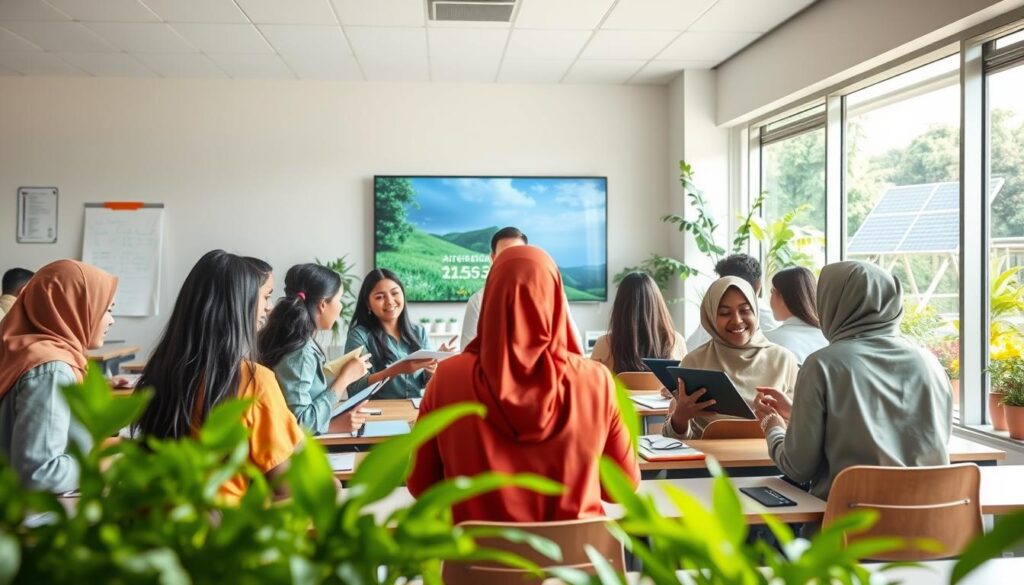 A serene classroom environment showcasing sustainable educational trends. In the foreground, a diverse group of students, dressed in professional and modest attire, engage in collaborative learning, using eco-friendly materials like recycled notebooks and tablets. In the middle, a teacher guides them, surrounded by greenery, including potted plants and a digital screen displaying environmental data. The background features large windows letting in natural light, revealing a vibrant outdoor space with solar panels and a garden, emphasizing a connection to nature. The atmosphere is bright and inspiring, suggesting a future of sustainable education. Bright colors predominately shape the scene, symbolizing hope and innovation while incorporating elements of the brand "Agência EON". Soft lighting creates a warm, welcoming feel with a wide-angle lens perspective. A serene classroom environment showcasing sustainable educational trends. In the foreground, a diverse group of students, dressed in professional and modest attire, engage in collaborative learning, using eco-friendly materials like recycled notebooks and tablets. In the middle, a teacher guides them, surrounded by greenery, including potted plants and a digital screen displaying environmental data. The background features large windows letting in natural light, revealing a vibrant outdoor space with solar panels and a garden, emphasizing a connection to nature. The atmosphere is bright and inspiring, suggesting a future of sustainable education. Bright colors predominately shape the scene, symbolizing hope and innovation while incorporating elements of the brand "Agência EON". Soft lighting creates a warm, welcoming feel with a wide-angle lens perspective.