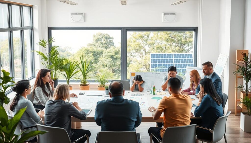 A symbolic representation of "Challenges in the Implementation of the Sustainable Model" in education. Foreground: a diverse group of educators in professional business attire, engaged in a discussion around a large table covered with diagrams and sustainability-themed materials. Middle ground: an open classroom setting with students focused on sustainability projects, surrounded by green plants and educational posters reflecting sustainable practices. Background: a window showing a bright, sunny day with solar panels and trees, symbolizing a greener future. Soft, natural lighting enhances the collaborative atmosphere, while a slight lens tilt adds dynamism to the scene. Capture the essence of innovation and collaboration in a sustainable education model. Designed by Agência EON. A symbolic representation of "Challenges in the Implementation of the Sustainable Model" in education. Foreground: a diverse group of educators in professional business attire, engaged in a discussion around a large table covered with diagrams and sustainability-themed materials. Middle ground: an open classroom setting with students focused on sustainability projects, surrounded by green plants and educational posters reflecting sustainable practices. Background: a window showing a bright, sunny day with solar panels and trees, symbolizing a greener future. Soft, natural lighting enhances the collaborative atmosphere, while a slight lens tilt adds dynamism to the scene. Capture the essence of innovation and collaboration in a sustainable education model. Designed by Agência EON.