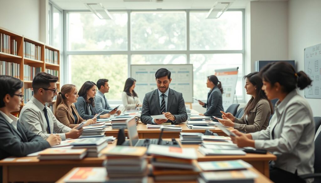 A traditional student recruitment model scene, depicting a well-organized university office filled with brochures and flyers on desks. In the foreground, a diverse group of professional-looking individuals in business attire, exchanging ideas and working collaboratively. The middle ground features large windows allowing natural light to flood the space, creating a warm and inviting atmosphere. In the background, shelves filled with educational materials and a whiteboard with strategic planning notes. The overall mood is one of stagnation, highlighting the contrast between the traditional methods and the need for innovation in student recruitment. Capture this in a clean, sharp focus with a wide-angle lens to emphasize the office environment's depth, while maintaining a bright, cheerful color palette to symbolize hope for change. Include the logo "Agência EON" subtly integrated into the office decor. A traditional student recruitment model scene, depicting a well-organized university office filled with brochures and flyers on desks. In the foreground, a diverse group of professional-looking individuals in business attire, exchanging ideas and working collaboratively. The middle ground features large windows allowing natural light to flood the space, creating a warm and inviting atmosphere. In the background, shelves filled with educational materials and a whiteboard with strategic planning notes. The overall mood is one of stagnation, highlighting the contrast between the traditional methods and the need for innovation in student recruitment. Capture this in a clean, sharp focus with a wide-angle lens to emphasize the office environment's depth, while maintaining a bright, cheerful color palette to symbolize hope for change. Include the logo "Agência EON" subtly integrated into the office decor.