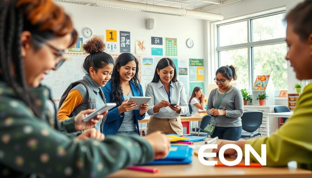 A vibrant and interactive classroom scene showcasing innovative pedagogical practices that attract and engage students. In the foreground, diverse students of various ethnicities are collaborating on a creative project, using technology like tablets and interactive whiteboards. The middle ground features a dynamic teacher, dressed in professional attire, guiding a hands-on activity that encourages critical thinking. The background reveals a bright, modern classroom filled with educational posters and flexible seating arrangements. Natural light streams through large windows, creating an inviting atmosphere. The mood is energetic and collaborative, reflecting a progressive educational environment. The image should embody the essence of "Agência EON" by illustrating a forward-thinking approach to learning, where innovation and engagement go hand in hand. A vibrant and interactive classroom scene showcasing innovative pedagogical practices that attract and engage students. In the foreground, diverse students of various ethnicities are collaborating on a creative project, using technology like tablets and interactive whiteboards. The middle ground features a dynamic teacher, dressed in professional attire, guiding a hands-on activity that encourages critical thinking. The background reveals a bright, modern classroom filled with educational posters and flexible seating arrangements. Natural light streams through large windows, creating an inviting atmosphere. The mood is energetic and collaborative, reflecting a progressive educational environment. The image should embody the essence of "Agência EON" by illustrating a forward-thinking approach to learning, where innovation and engagement go hand in hand.