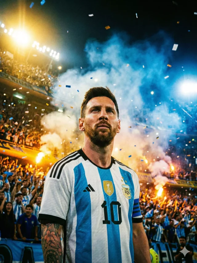 Story Lionel Messi em destaque, uniforme da Argentina, fundo com luzes de estádio, atmosfera épica, estilo cinematográfico, foco dramático, alta resolução, cores vibrantes