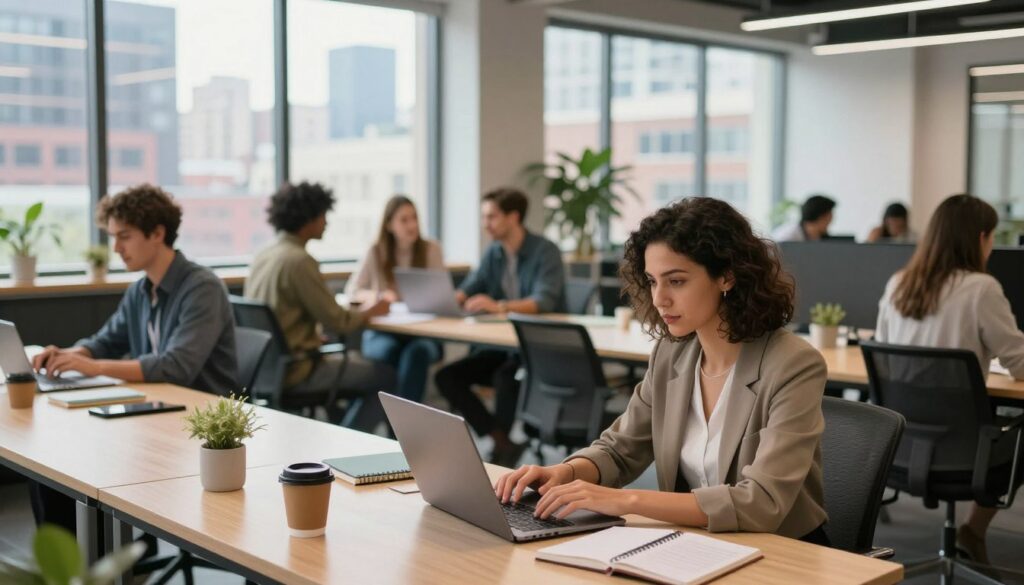 A modern coworking space filled with diverse professionals collaborating on various tasks. In the foreground, a focused woman in smart casual attire types on a laptop, surrounded by notebooks and a coffee cup. The middle ground features a small group discussing ideas at a shared table, equipped with modern technology and brainstorming materials. In the background, large windows stream in natural light, revealing a vibrant urban skyline. The atmosphere is energetic yet calm, embodying productivity and creativity. Soft diffused lighting enhances the professional ambiance, with a slight bokeh effect on the background to draw attention to the active work environment. The perspective is slightly elevated, capturing the dynamic interaction in this contemporary workspace. A modern coworking space filled with diverse professionals collaborating on various tasks. In the foreground, a focused woman in smart casual attire types on a laptop, surrounded by notebooks and a coffee cup. The middle ground features a small group discussing ideas at a shared table, equipped with modern technology and brainstorming materials. In the background, large windows stream in natural light, revealing a vibrant urban skyline. The atmosphere is energetic yet calm, embodying productivity and creativity. Soft diffused lighting enhances the professional ambiance, with a slight bokeh effect on the background to draw attention to the active work environment. The perspective is slightly elevated, capturing the dynamic interaction in this contemporary workspace.