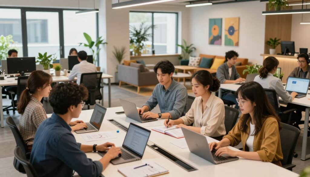 A modern coworking space showcasing its main functionalities and features. In the foreground, a group of diverse professionals in business casual attire collaborate around a stylish conference table, laptops open and notebooks filled with ideas. In the middle ground, various workstations with ergonomic chairs, natural light streaming through large windows, and plants adding a touch of greenery. The background reveals a vibrant lounge area with comfortable seating and artwork on the walls, creating a warm and inviting atmosphere. Soft lighting enhances the productivity-focused mood, with a slight bokeh effect for a professional touch. The overall scene conveys innovation, collaboration, and a dynamic work environment. A modern coworking space showcasing its main functionalities and features. In the foreground, a group of diverse professionals in business casual attire collaborate around a stylish conference table, laptops open and notebooks filled with ideas. In the middle ground, various workstations with ergonomic chairs, natural light streaming through large windows, and plants adding a touch of greenery. The background reveals a vibrant lounge area with comfortable seating and artwork on the walls, creating a warm and inviting atmosphere. Soft lighting enhances the productivity-focused mood, with a slight bokeh effect for a professional touch. The overall scene conveys innovation, collaboration, and a dynamic work environment.